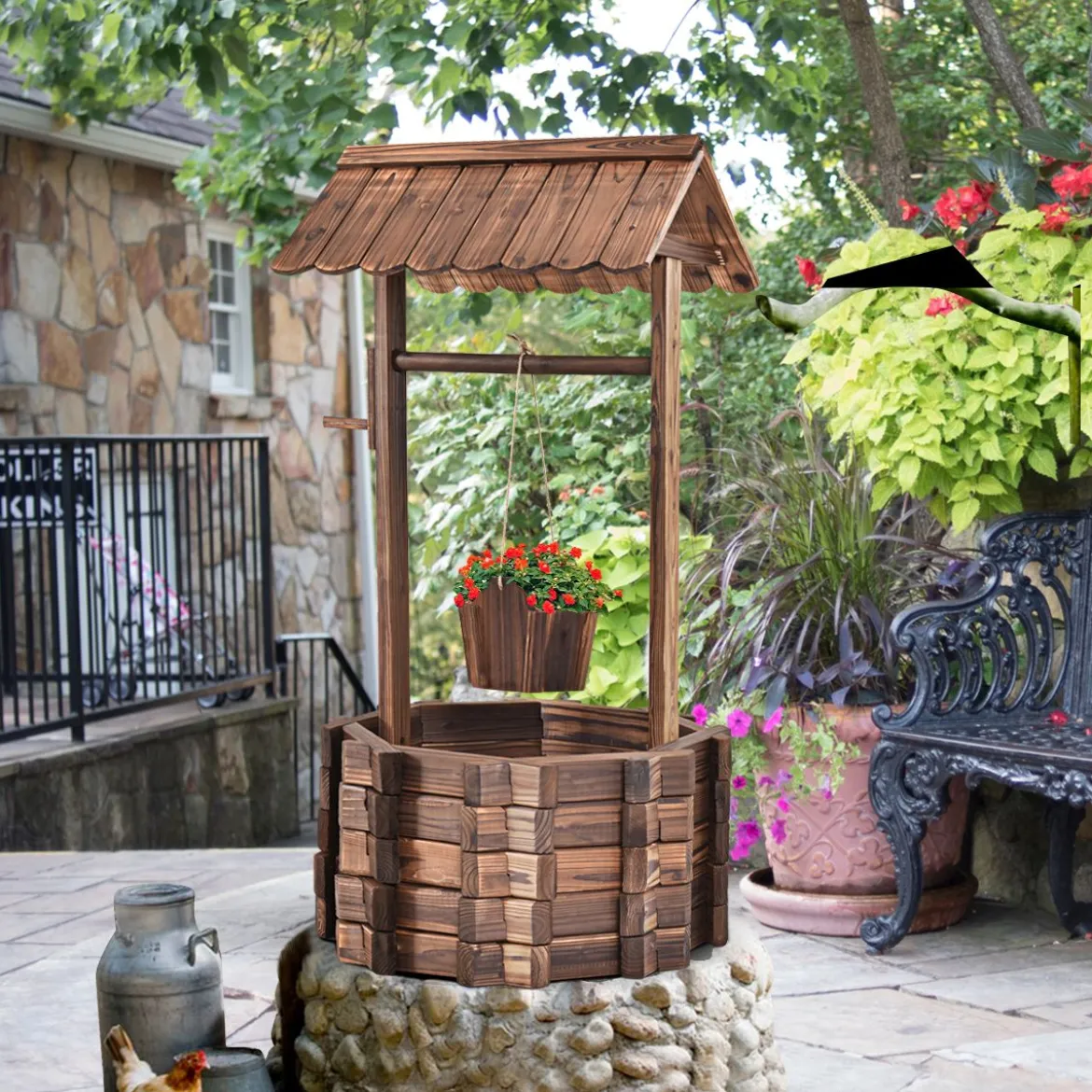 Wunschbrunnen für Draußen Holzbrunnen Eimer Blumenkübel Blumentopf mit Dach