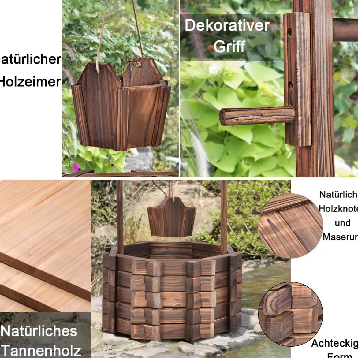 Wunschbrunnen für Draußen Holzbrunnen Eimer Blumenkübel Blumentopf mit Dach