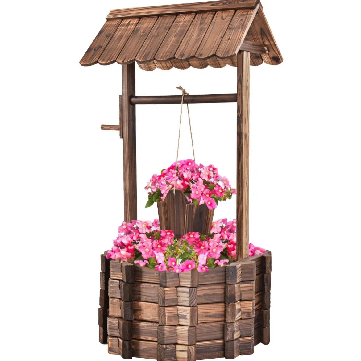 Wunschbrunnen für Draußen Holzbrunnen Eimer Blumenkübel Blumentopf mit Dach