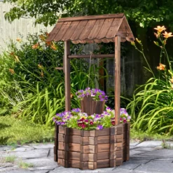 Wunschbrunnen für Draußen Holzbrunnen Eimer Blumenkübel Blumentopf mit Dach