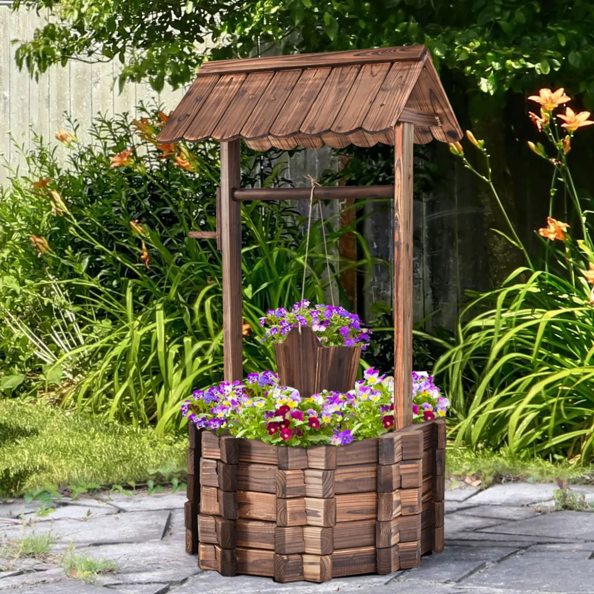 Wunschbrunnen für Draußen Holzbrunnen Eimer Blumenkübel Blumentopf mit Dach