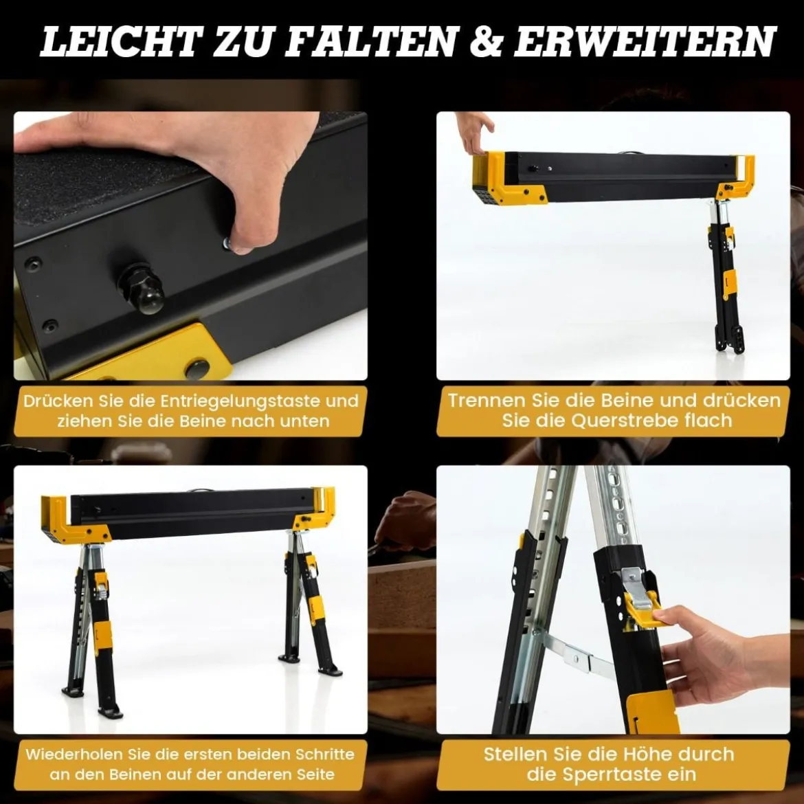 2 x Arbeitsbock höhenverstellbar bis 1180 kg belastbar Klappbarer Sägebock Gelb+Schwarz