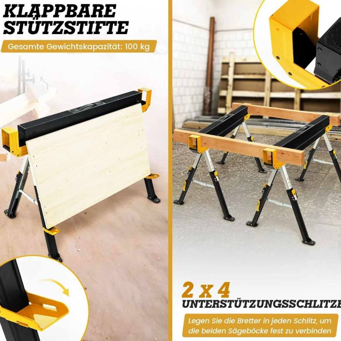 2 x Arbeitsbock höhenverstellbar bis 1180 kg belastbar Klappbarer Sägebock Gelb+Schwarz