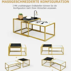 2 x Beistelltisch Set Couchtisch Satztische Marmor Moderner Satztisch Gelb + Schwarz + Weiß