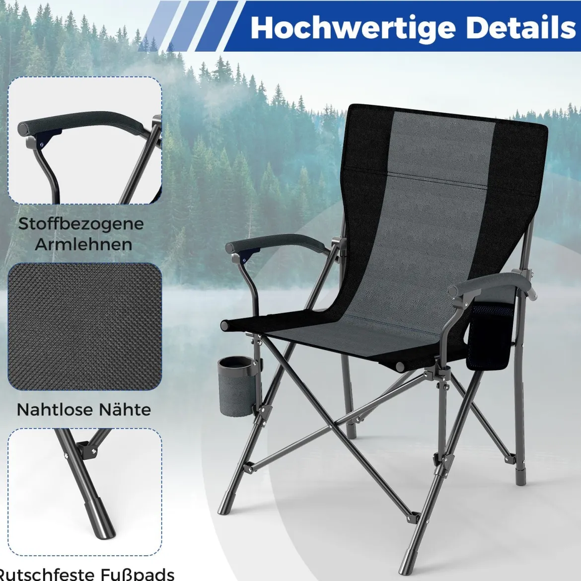 2 x Campingstuhl faltbar Klappstuhl mit Becherhalter & Seitentasche klappbarer Angelstuhl 160 kg Tragfähigkeit