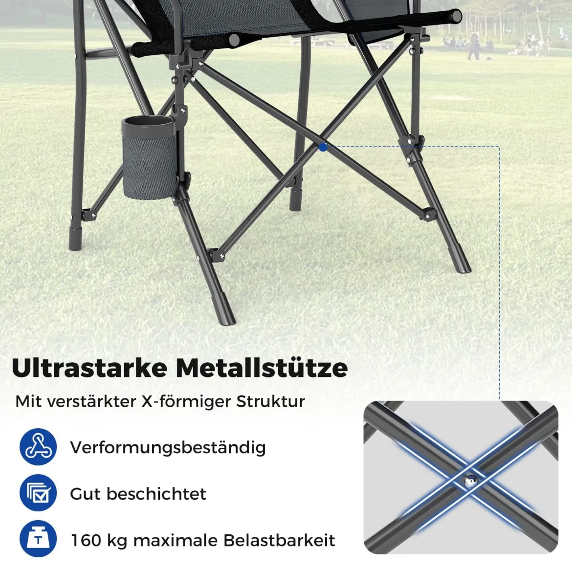 2 x Campingstuhl faltbar Klappstuhl mit Becherhalter & Seitentasche klappbarer Angelstuhl 160 kg Tragfähigkeit