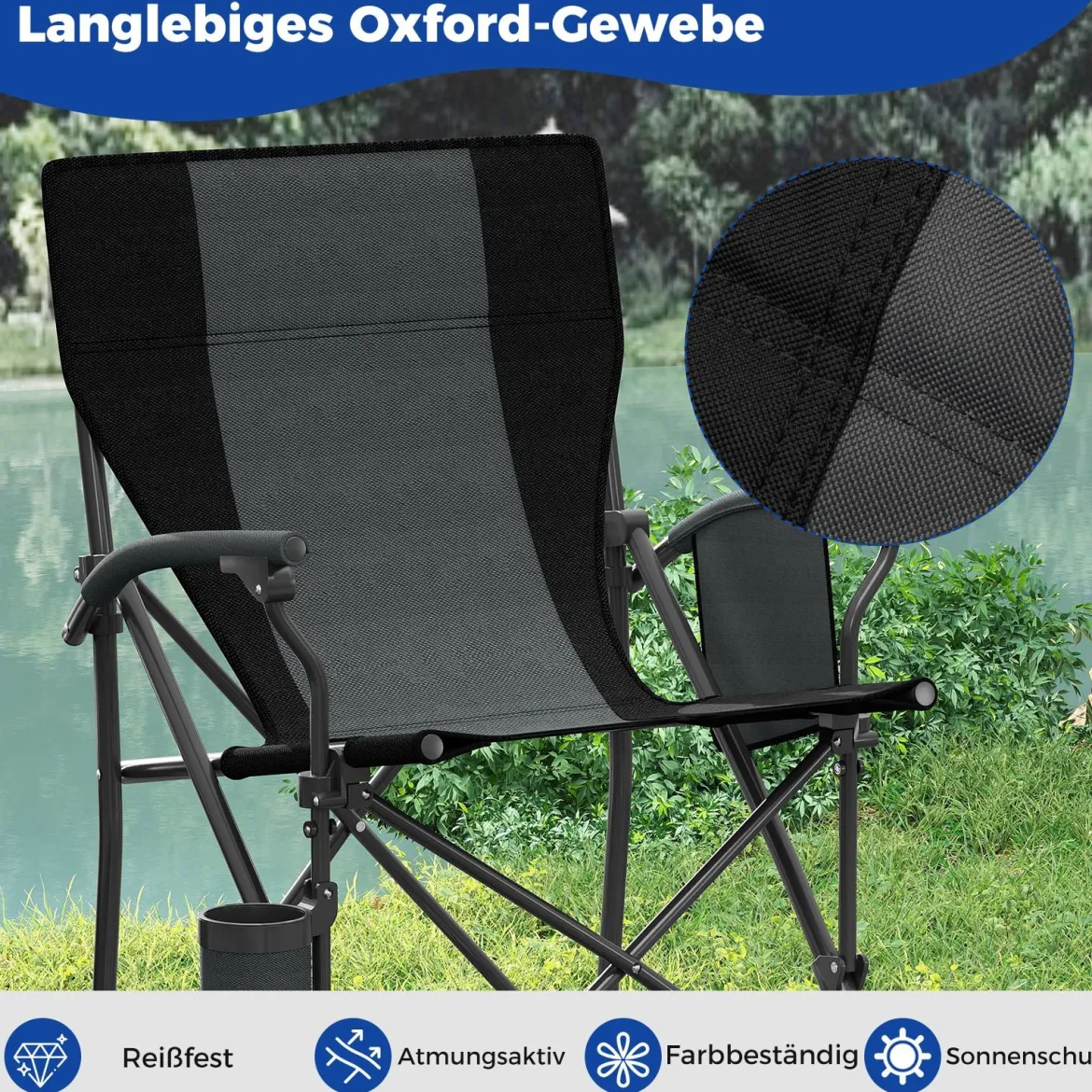 2 x Campingstuhl faltbar Klappstuhl mit Becherhalter & Seitentasche klappbarer Angelstuhl 160 kg Tragfähigkeit