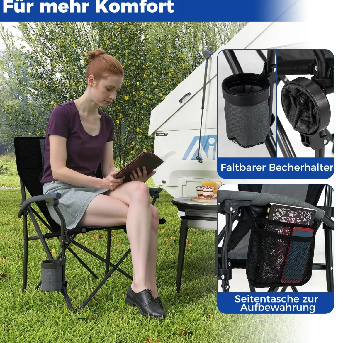 2 x Campingstuhl faltbar Klappstuhl mit Becherhalter & Seitentasche klappbarer Angelstuhl 160 kg Tragfähigkeit
