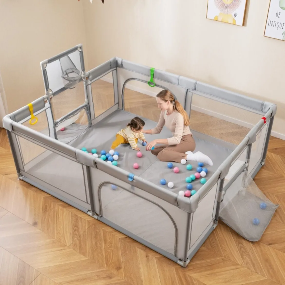188 x 157 cm Baby Laufstall mit Basketballkorb Fußballtor faltbarem Kleinkind-Laufgitter mit Reißverschlusstür Hellgrau