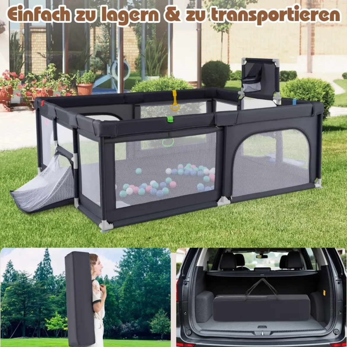 188 x 157 cm Baby Laufstall mit Basketballkorb Fußballtor faltbarem Kleinkind-Laufgitter mit Reißverschlusstür Dunkelgrau