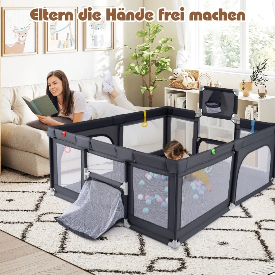 188 x 157 cm Baby Laufstall mit Basketballkorb Fußballtor faltbarem Kleinkind-Laufgitter mit Reißverschlusstür Dunkelgrau