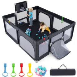 188 x 157 cm Baby Laufstall mit Basketballkorb Fußballtor faltbarem Kleinkind-Laufgitter mit Reißverschlusstür Dunkelgrau