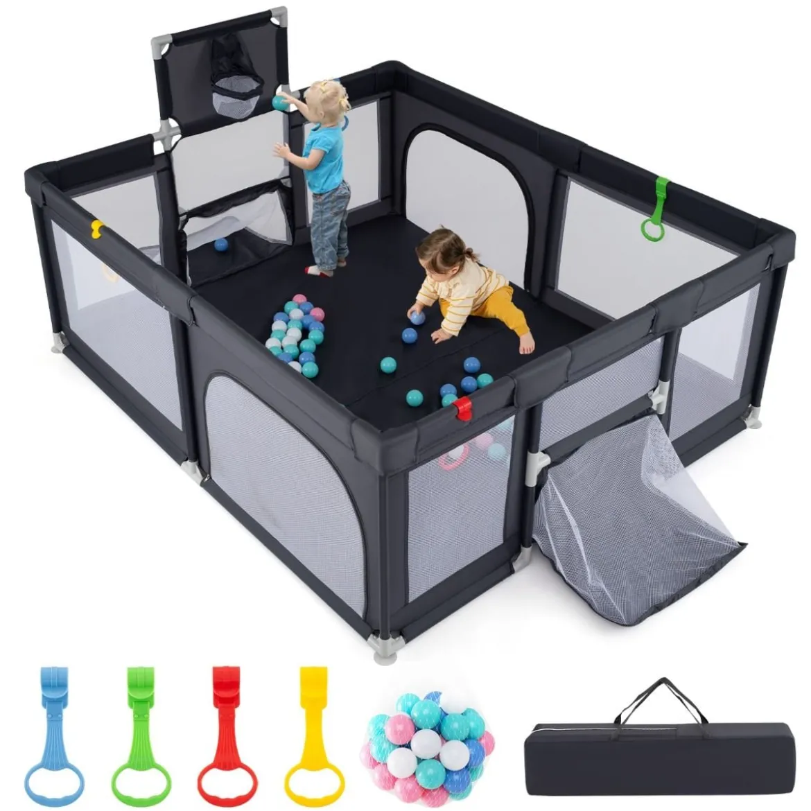 188 x 157 cm Baby Laufstall mit Basketballkorb Fußballtor faltbarem Kleinkind-Laufgitter mit Reißverschlusstür Dunkelgrau