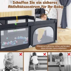 188 x 157 cm Baby Laufstall mit Basketballkorb Fußballtor faltbarem Kleinkind-Laufgitter mit Reißverschlusstür Dunkelgrau