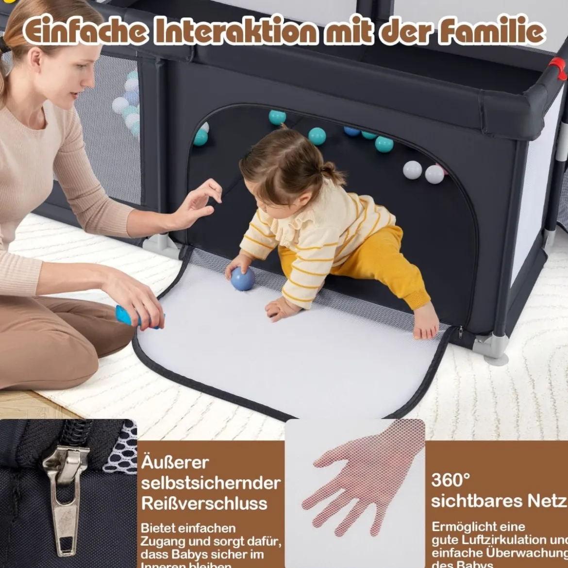 188 x 157 cm Baby Laufstall mit Basketballkorb Fußballtor faltbarem Kleinkind-Laufgitter mit Reißverschlusstür Dunkelgrau