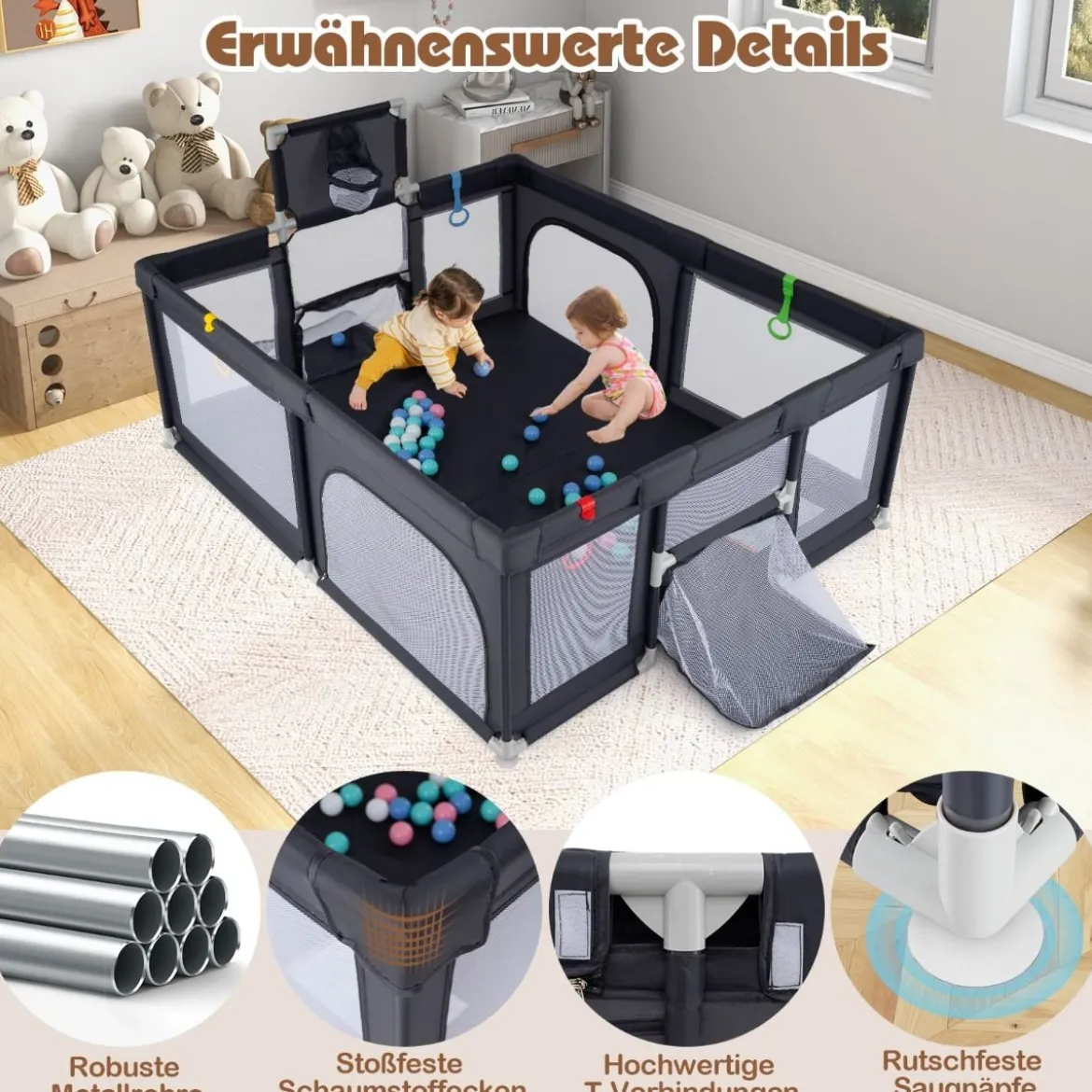 188 x 157 cm Baby Laufstall mit Basketballkorb Fußballtor faltbarem Kleinkind-Laufgitter mit Reißverschlusstür Dunkelgrau