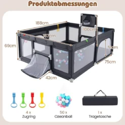 188 x 157 cm Baby Laufstall mit Basketballkorb Fußballtor faltbarem Kleinkind-Laufgitter mit Reißverschlusstür Dunkelgrau