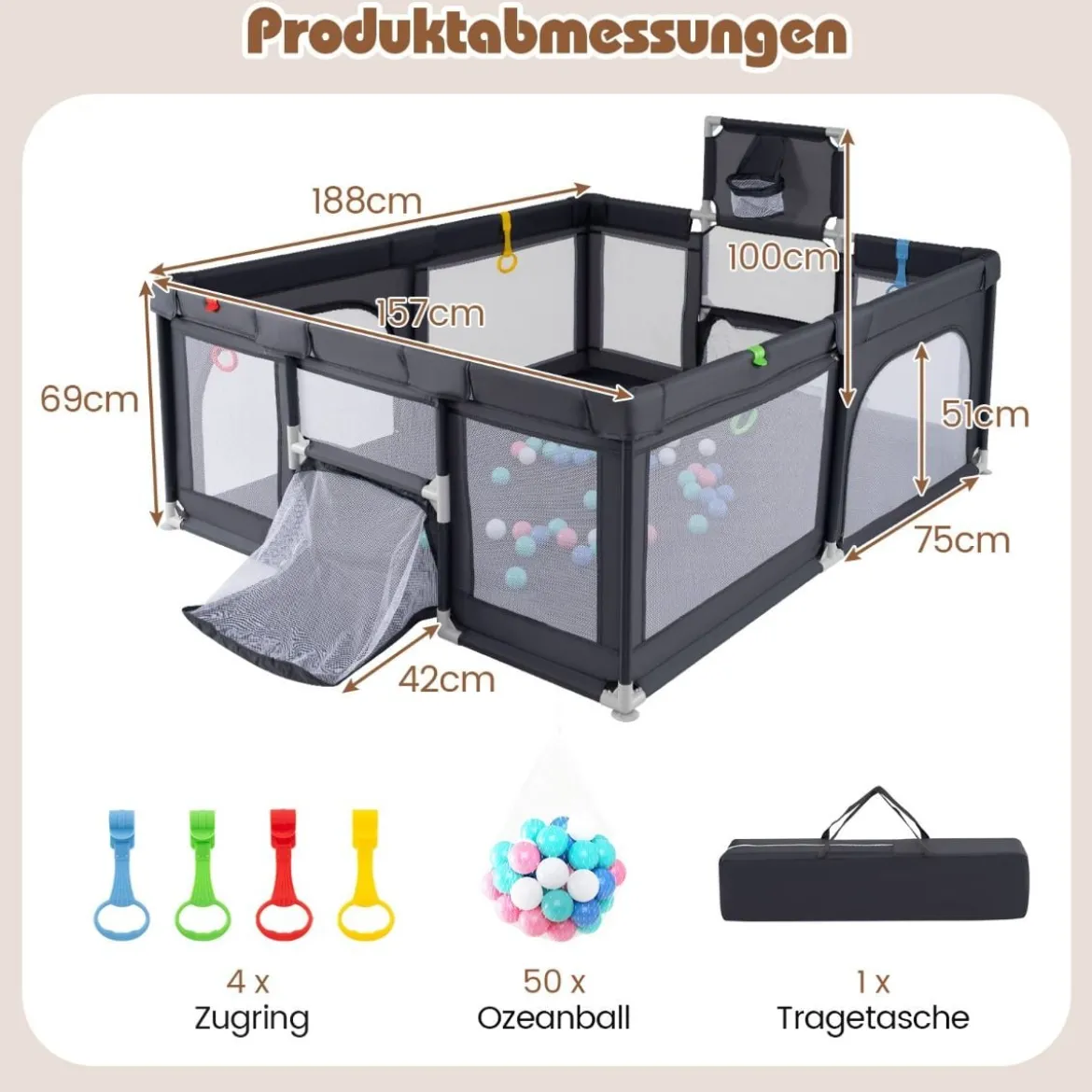 188 x 157 cm Baby Laufstall mit Basketballkorb Fußballtor faltbarem Kleinkind-Laufgitter mit Reißverschlusstür Dunkelgrau