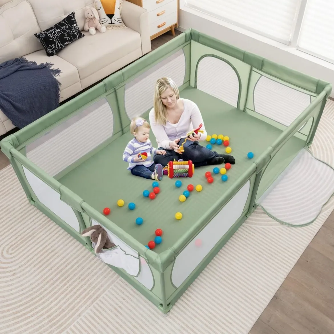 205 x 147cm Baby Laufstall mit 50 Bällen & 2 Türen & Atmungsaktivem Netz & Reißverschluss Laufgitter Grün