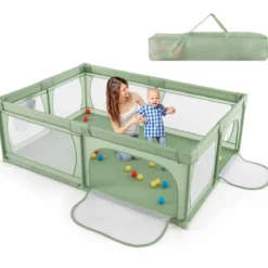 205 x 147cm Baby Laufstall mit 50 Bällen & 2 Türen & Atmungsaktivem Netz & Reißverschluss Laufgitter Grün