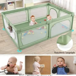 205 x 147cm Baby Laufstall mit 50 Bällen & 2 Türen & Atmungsaktivem Netz & Reißverschluss Laufgitter Grün