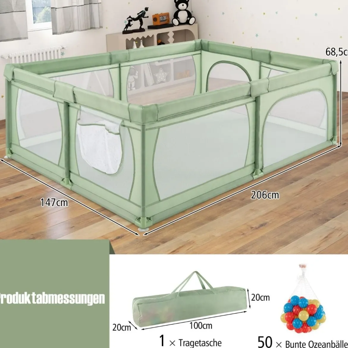 205 x 147cm Baby Laufstall mit 50 Bällen & 2 Türen & Atmungsaktivem Netz & Reißverschluss Laufgitter Grün
