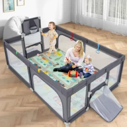 188 x 157cm Baby Laufstall mit Matratze & Basketballkorb & Fußballnetzen Laufgitter Dunkelgrau