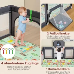 188 x 157cm Baby Laufstall mit Matratze & Basketballkorb & Fußballnetzen Laufgitter Dunkelgrau