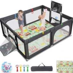 188 x 157cm Baby Laufstall mit Matratze & Basketballkorb & Fußballnetzen Laufgitter Dunkelgrau