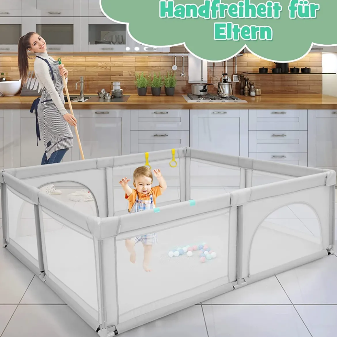 206 x 186cm Baby Laufstall mit Matratze Laufgitter mit 50 Spielbällen (Grau Laufstall + Rosa Matratze)