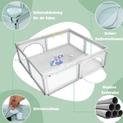 206 x 186cm Baby Laufstall mit Matratze Laufgitter mit 50 Spielbällen (Grau Laufstall + Rosa Matratze)