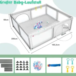 206 x 186cm Baby Laufstall mit Matratze Laufgitter mit 50 Spielbällen (Grau Laufstall + Rosa Matratze)