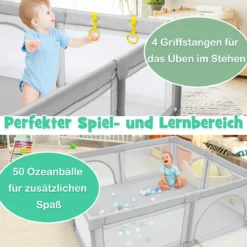 206 x 186cm Baby Laufstall mit Matratze Laufgitter mit 50 Spielbällen (Grau Laufstall + Rosa Matratze)