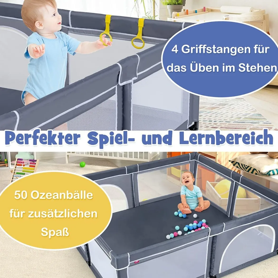 206 x 186cm Baby Laufstall mit Matratze Laufgitter mit 50 Spielbällen (Dunkelgrau Laufstall +Panda Matratze)