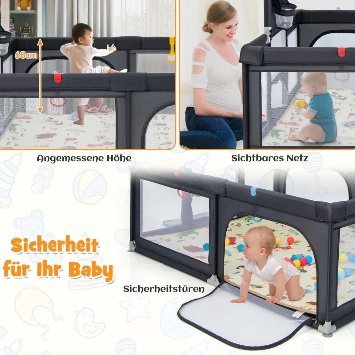 207 x 145 cm Baby Laufstall mit Matratze & Basketballkorb Krabbelgitter mit atmungsaktivem Netz Dunkelgrau