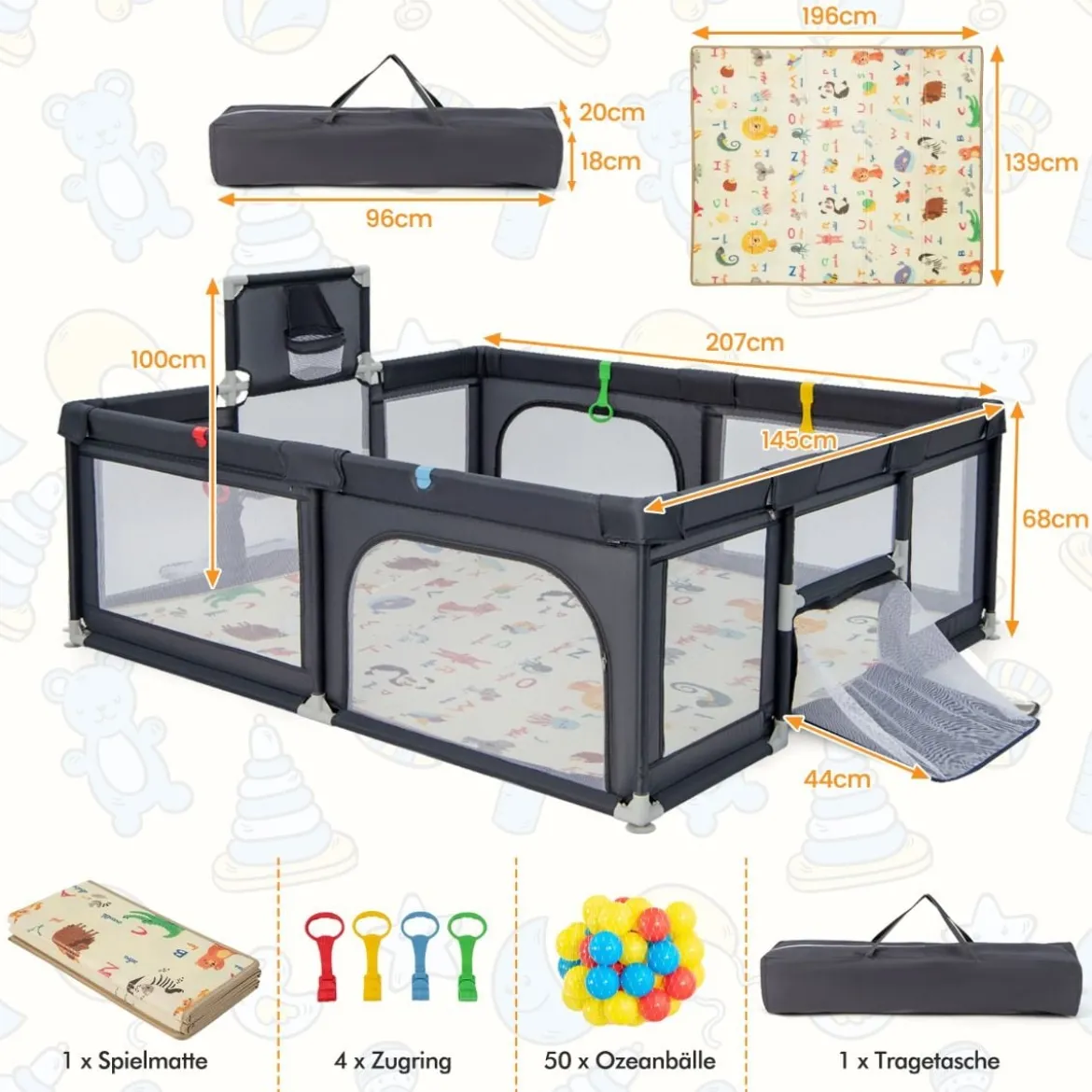 207 x 145 cm Baby Laufstall mit Matratze & Basketballkorb Krabbelgitter mit atmungsaktivem Netz Dunkelgrau