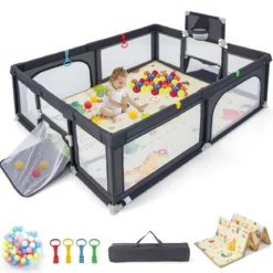 207 x 145 cm Baby Laufstall mit Matratze & Basketballkorb Krabbelgitter mit atmungsaktivem Netz Dunkelgrau
