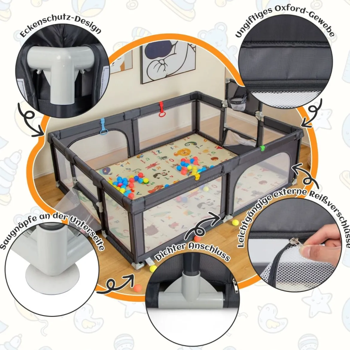 207 x 145 cm Baby Laufstall mit Matratze & Basketballkorb Krabbelgitter mit atmungsaktivem Netz Dunkelgrau