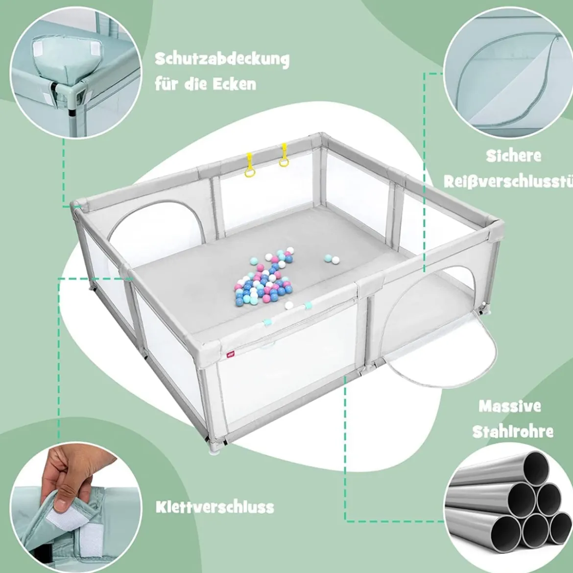 206 x 186cm Baby Laufstall mit Matratze Laufgitter mit 50 Spielbällen (Grau Laufstall + Grün Matratze)