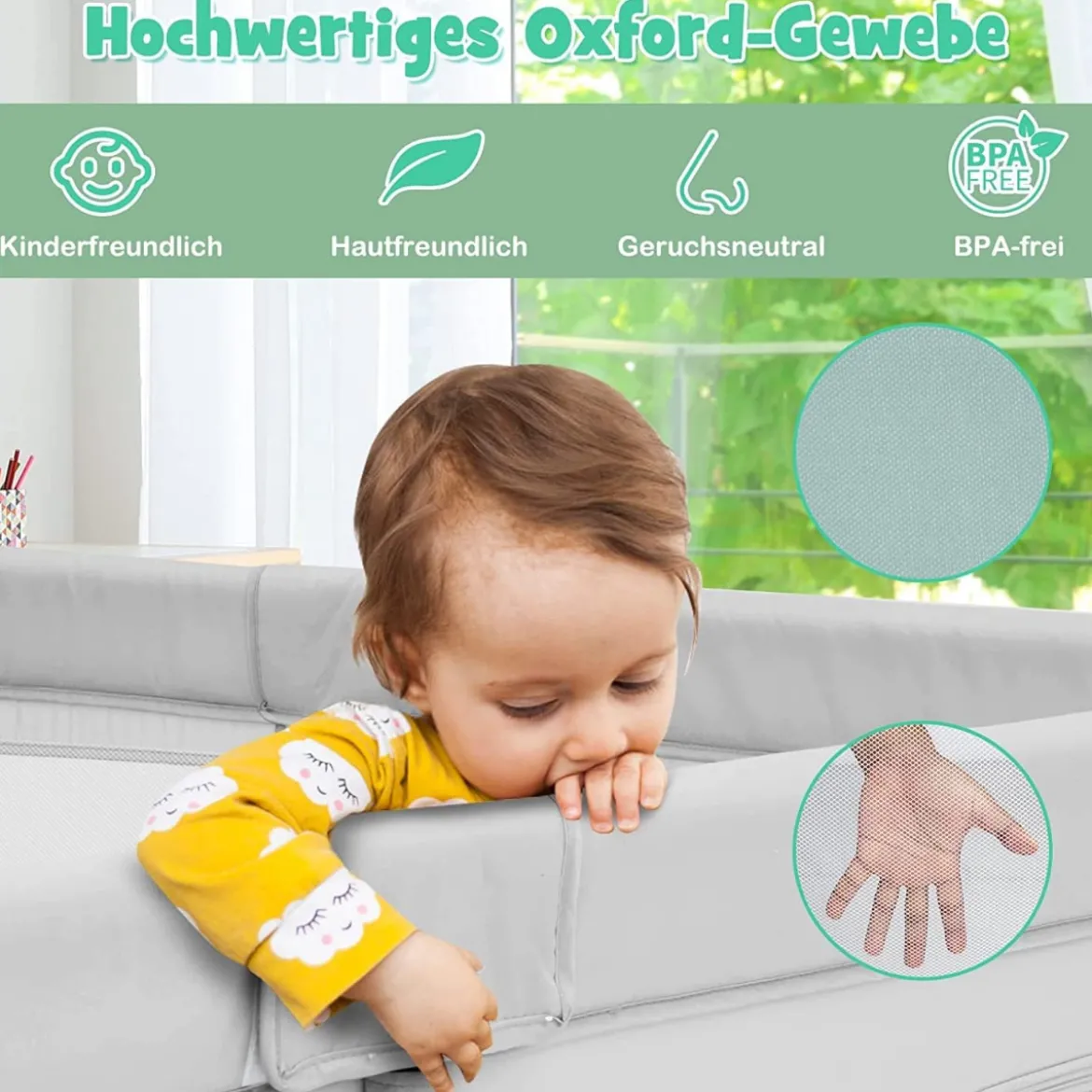 206 x 186cm Baby Laufstall mit Matratze Laufgitter mit 50 Spielbällen (Grau Laufstall + Grün Matratze)