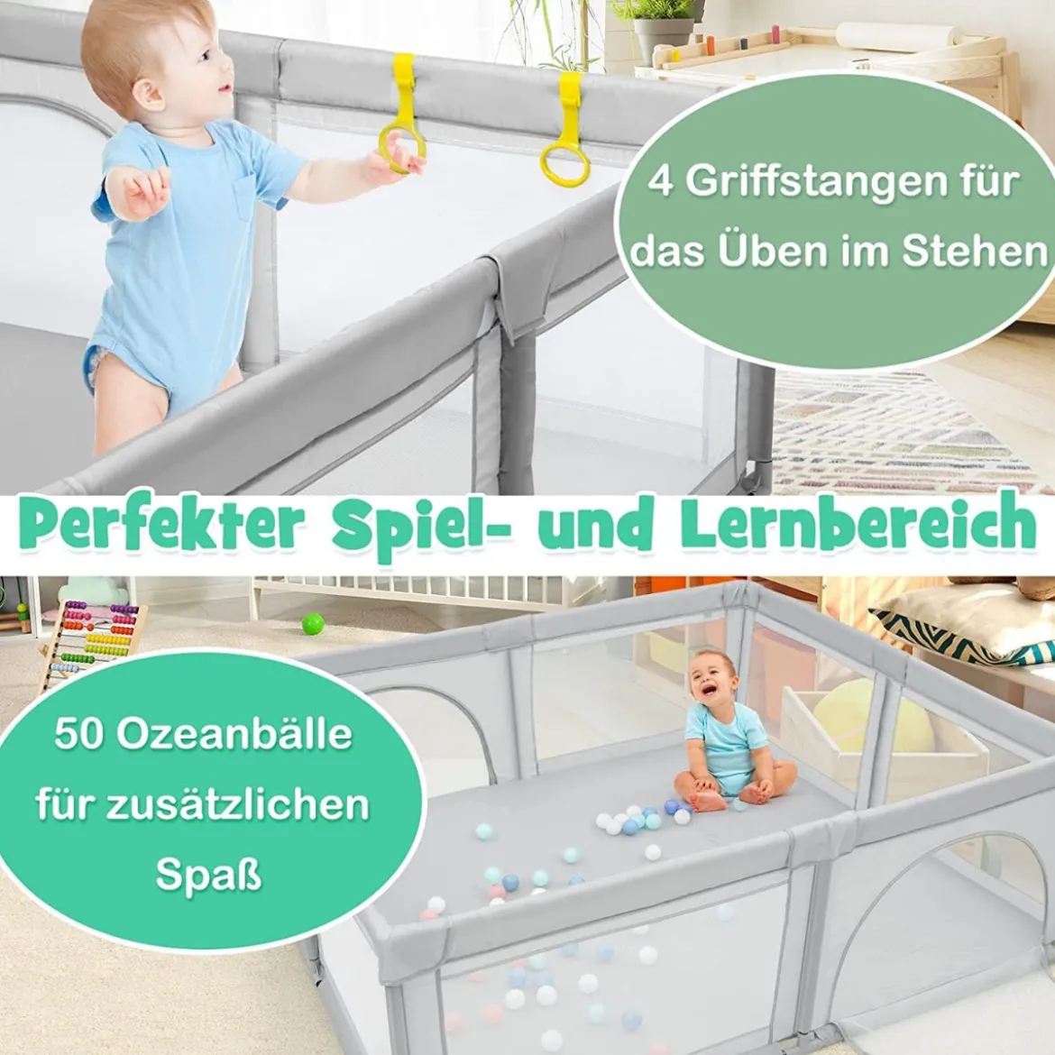 206 x 186cm Baby Laufstall mit Matratze Laufgitter mit 50 Spielbällen (Grau Laufstall + Grün Matratze)