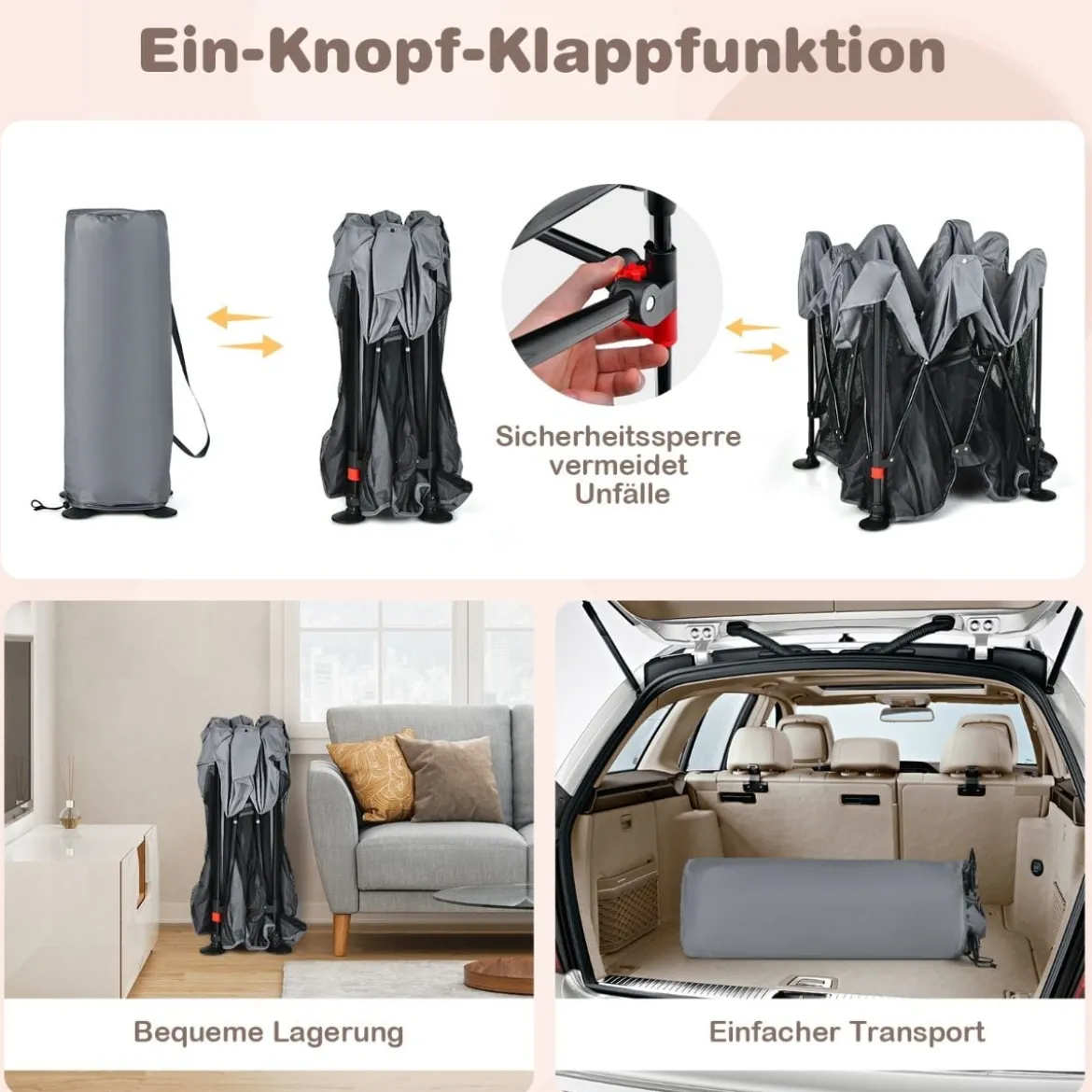 138 x 138 cm Baby Laufstall mit Netz Klappbarer Laufgitter mit Tragetasche Dunkelgrau