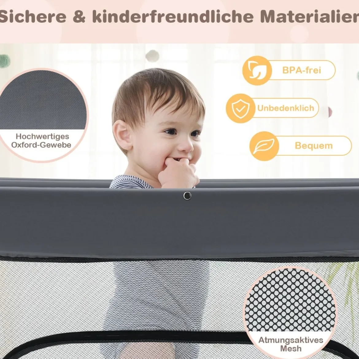 138 x 138 cm Baby Laufstall mit Netz Klappbarer Laufgitter mit Tragetasche Dunkelgrau