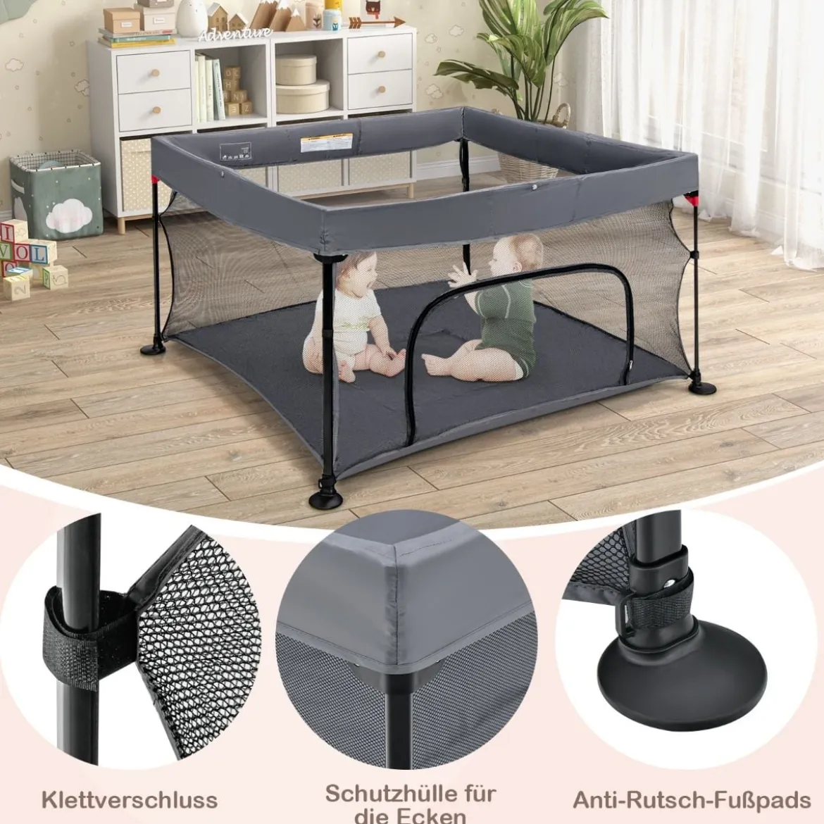 138 x 138 cm Baby Laufstall mit Netz Klappbarer Laufgitter mit Tragetasche Dunkelgrau