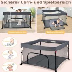138 x 138 cm Baby Laufstall mit Netz Klappbarer Laufgitter mit Tragetasche Dunkelgrau