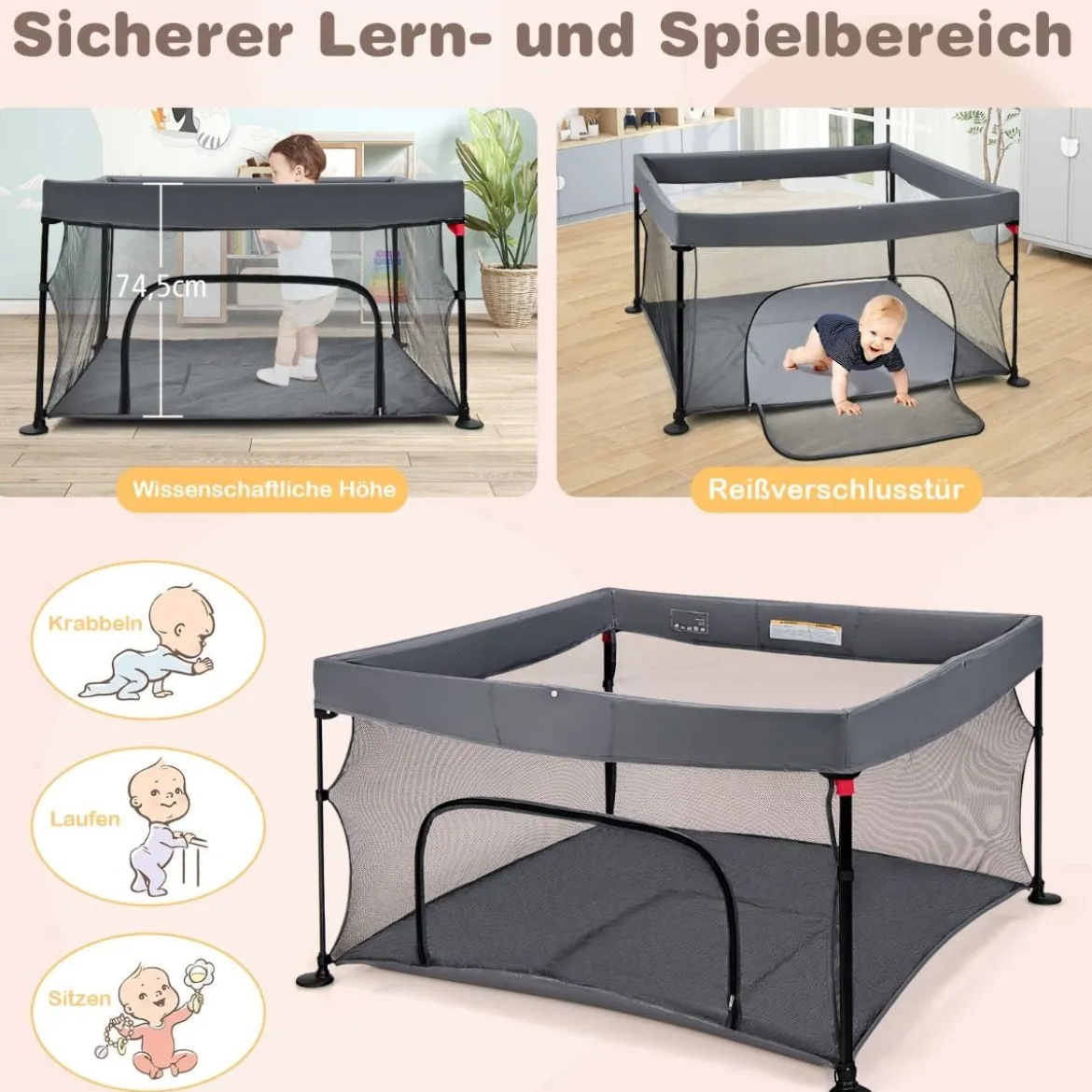138 x 138 cm Baby Laufstall mit Netz Klappbarer Laufgitter mit Tragetasche Dunkelgrau