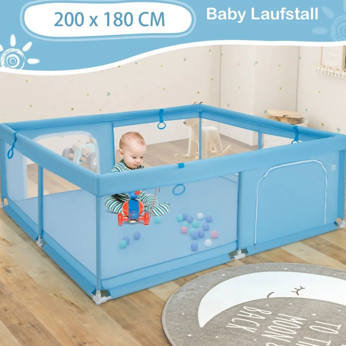 200 x 180 cm Baby Laufstall mit 50 Ozeanbällen & 4 Griffen & Tür Laufgitter Krabbelgitter Dunkelblau