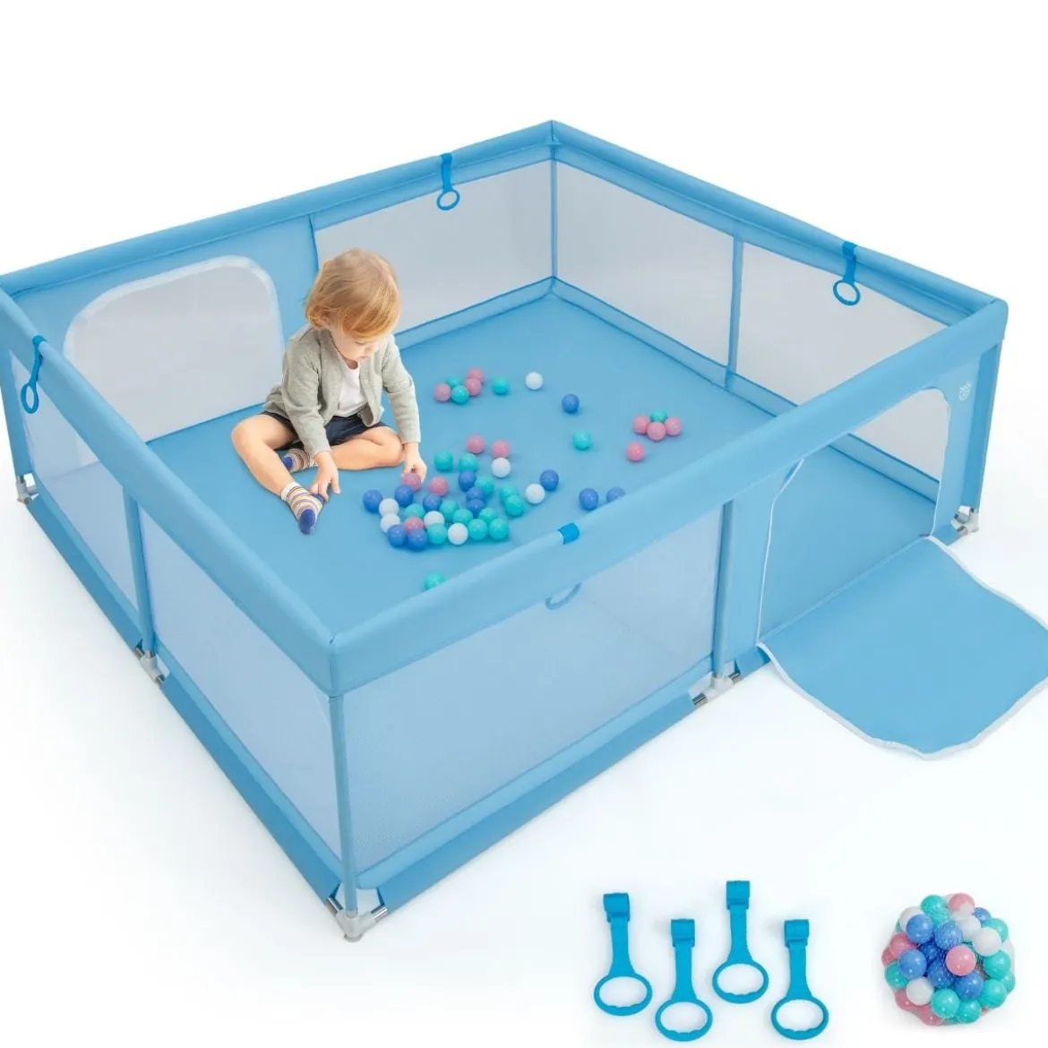 200 x 180 cm Baby Laufstall mit 50 Ozeanbällen & 4 Griffen & Tür Laufgitter Krabbelgitter Dunkelblau