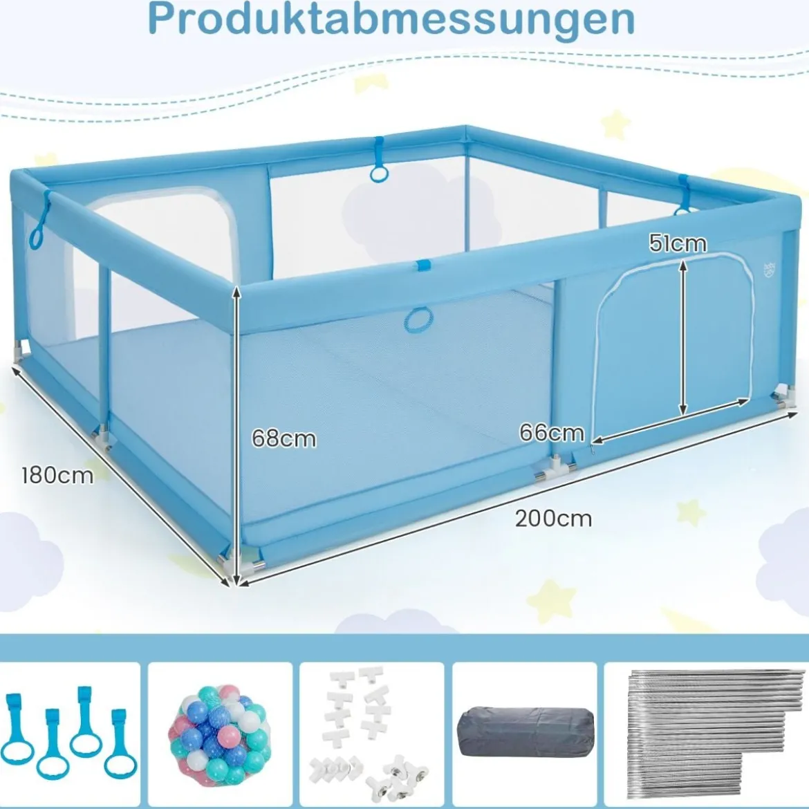200 x 180 cm Baby Laufstall mit 50 Ozeanbällen & 4 Griffen & Tür Laufgitter Krabbelgitter Dunkelblau