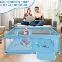 200 x 180 cm Baby Laufstall mit 50 Ozeanbällen & 4 Griffen & Tür Laufgitter Krabbelgitter Dunkelblau